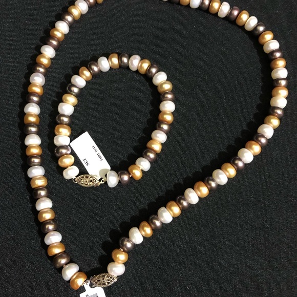 3pc Set FWP Tri Color 8-9mm Pearl Sterling Silver Earrings Bracelet & Necklace - Picture 4 of 4